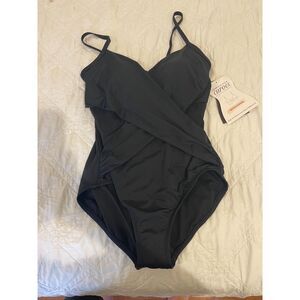 NWT Miracle Brands Women's Black Swimsuit One Piece Sz L Minimizing Built In Bra
